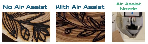 A: Air assist examples. Excess burning, Less burning, Nozzle